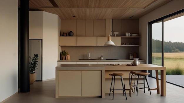 a kitchen with a refrigerator a refrigerator and a table with stools