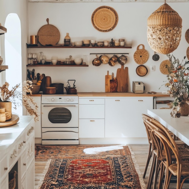 Photo a kitchen with a rug and a table