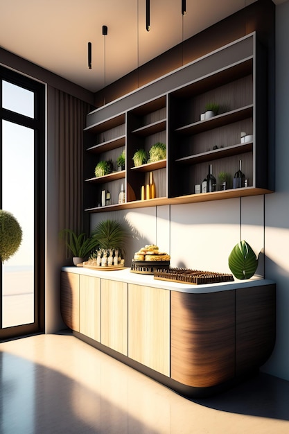 a kitchen with a shelf and a plant on the shelf