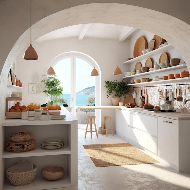 A kitchen with a shelf that has plates on it and a basket on it.