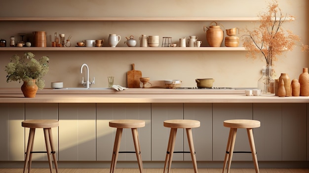 a kitchen with a shelf that has pots and pans on it