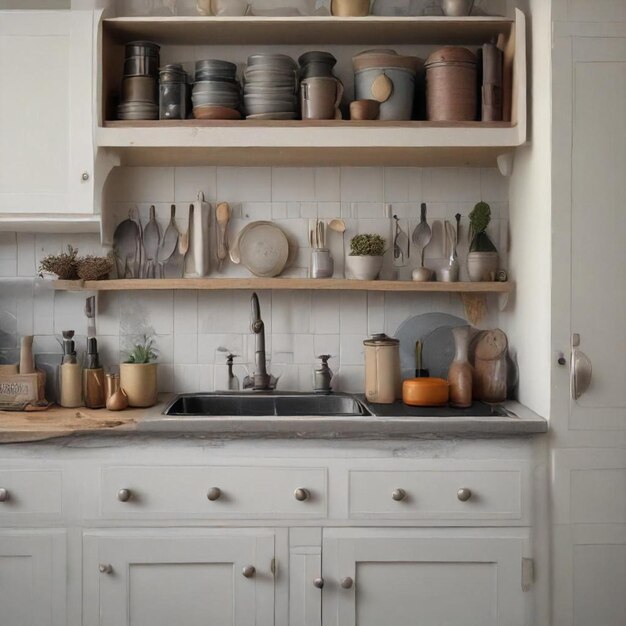 a kitchen with a shelf that says  kitchen  and a lot of pots and pans