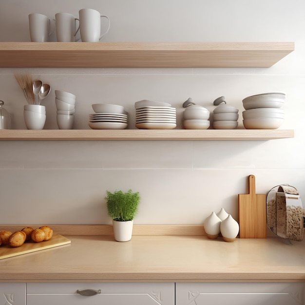 Photo a kitchen with a shelf with dishes and a shelf with a sign saying  kitchen