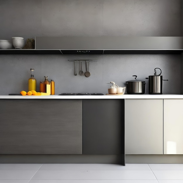 A kitchen with a silver and black color scheme.