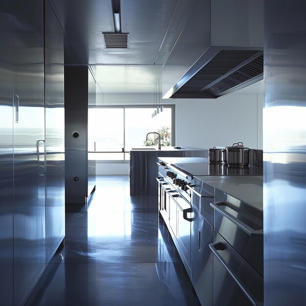 Photo a kitchen with a silver refrigerator and a light on the ceiling