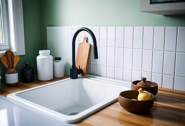 Photo a kitchen with a sink and a bottle of lemon on the counter