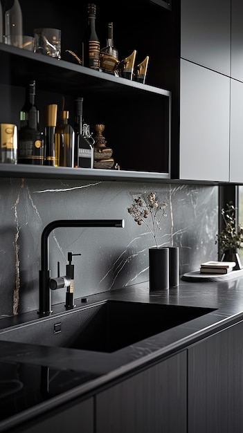 a kitchen with a sink and a bottle of wine on the counter