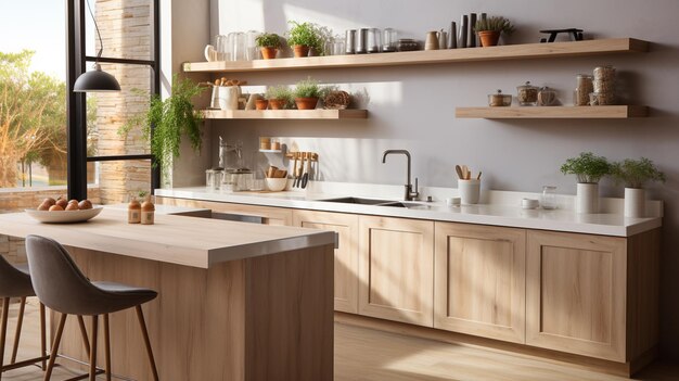 a kitchen with a sink pot and potted plant on the shelf