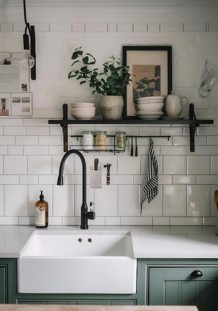 Photo a kitchen with a sink and a shelf with dishes