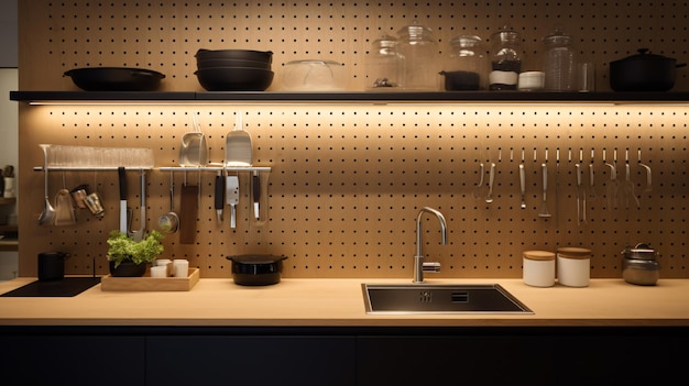 a kitchen with a sink and a shelf with a pot on it