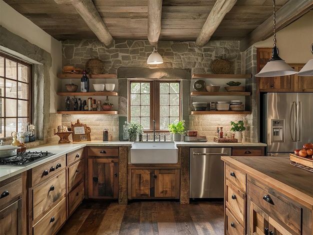 A kitchen with a sink stove and cabinets with a window above it Ai Generated