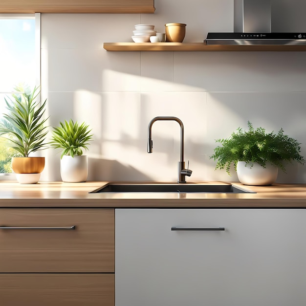 A Kitchen With A Sink A Vase And A Plant On The Counter