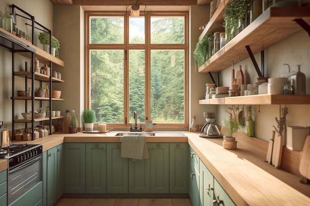 A kitchen with a sink and a window AI generative image Kitchen in Norwegian house