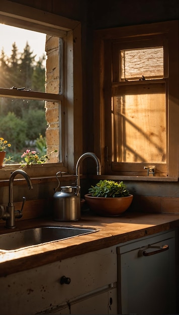 A kitchen with a sink a window and a potted plant