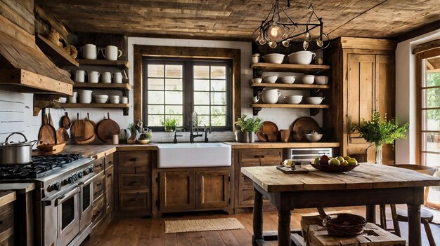 a kitchen with a sink and a window with a wooden frame