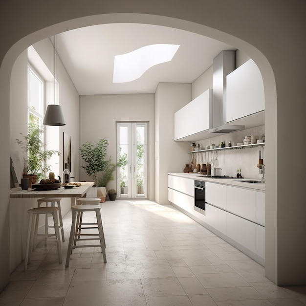 A kitchen with a skylight above it and a table with stools and a table with a potted plant on it.