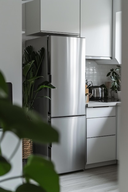 a kitchen with a stainless steel refrigerator and a plant in it