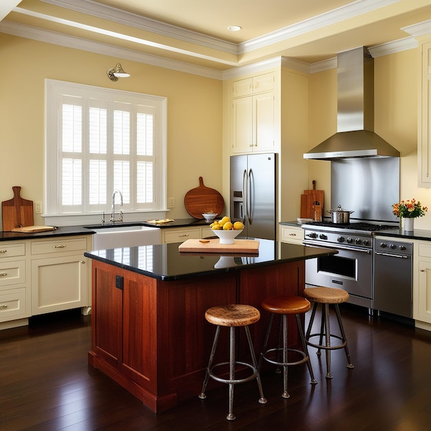 a kitchen with a stove oven and a bowl of fruit on the counter