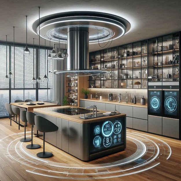 Photo a kitchen with a stove oven and cabinets with a clock on the wall