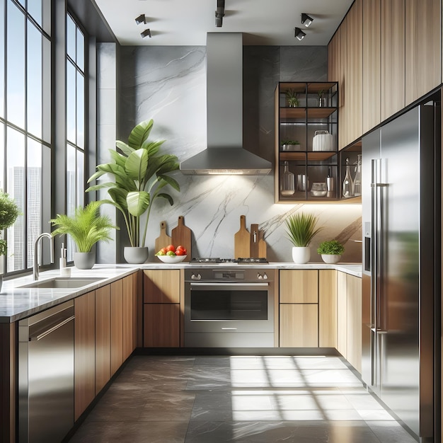 a kitchen with a stove oven and a plant on the counter