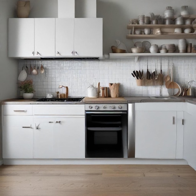 a kitchen with a stove oven and a shelf with pots and pans