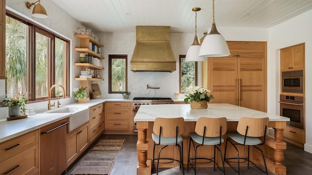 a kitchen with a stove oven and a table with chairs