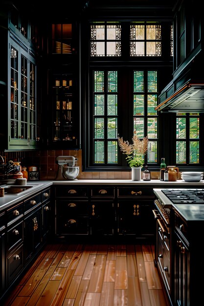 Photo a kitchen with a stove oven and a window with the word  kitchen  on the wall