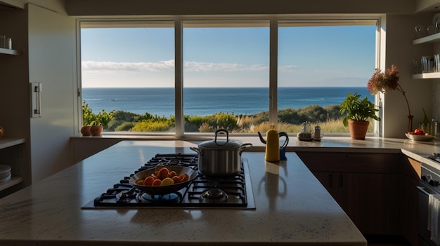 a kitchen with a stove and a pot of fruit on the stove