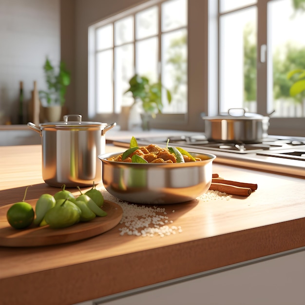 A kitchen with a stove and a pot with green leaves on it