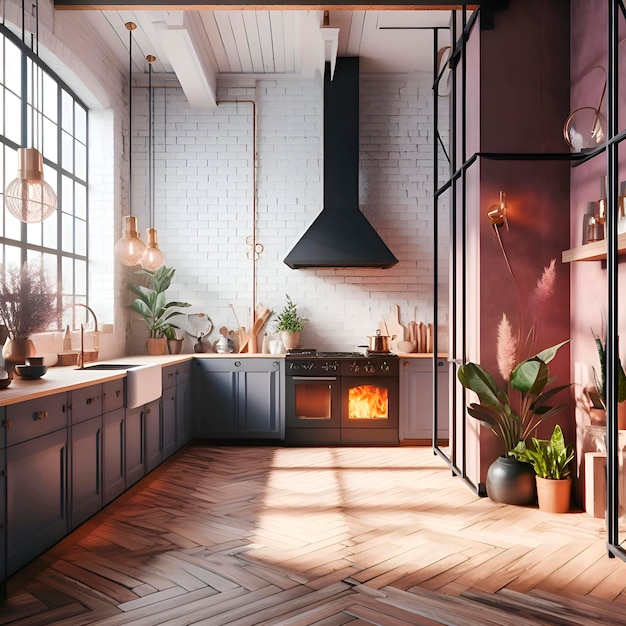 a kitchen with a stove potted plants and a fire place