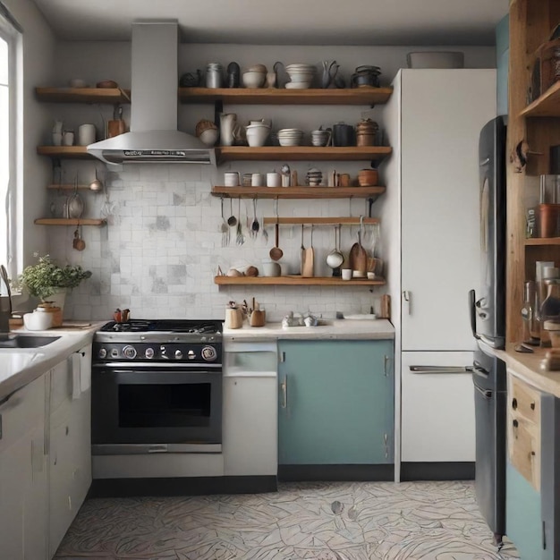 a kitchen with a stove refrigerator and a stove