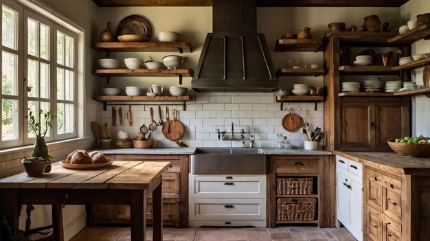 a kitchen with a stove sink and a shelf with pots and pans