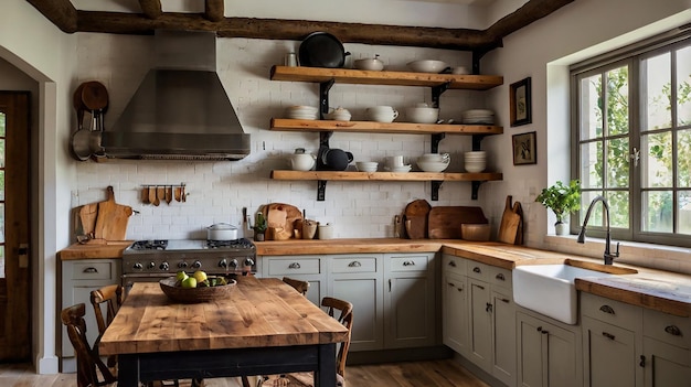 a kitchen with a stove sink and shelves with a sign that says quot the kitchen quot