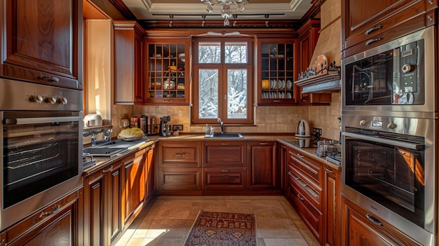 a kitchen with a stove sink and a window