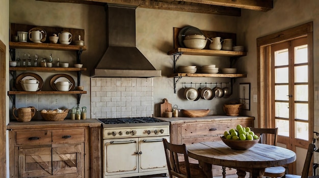 a kitchen with a stove stove and a bowl of fruit on the shelf