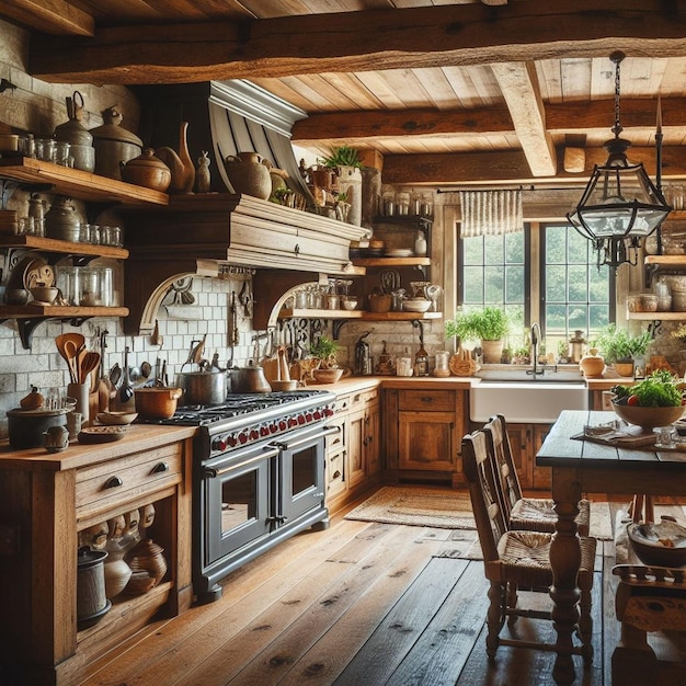 a kitchen with a stove a table and a pot on the counter