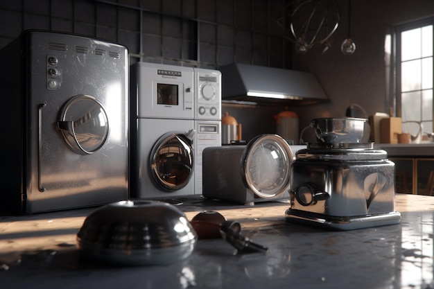 A kitchen with a stove and a washer and a washer and dryer on the counter.