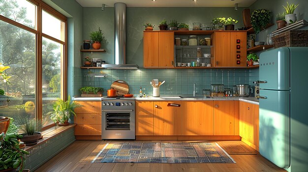 a kitchen with a stove and a window with mountains in the background