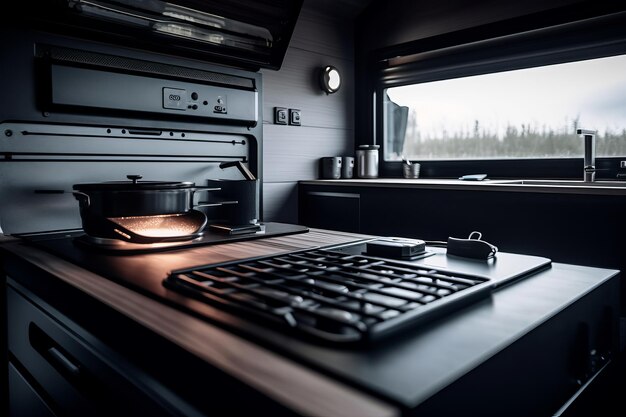 A kitchen with a stove and a window