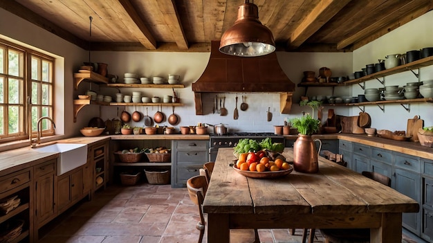 a kitchen with a table and a bowl of fruit on it