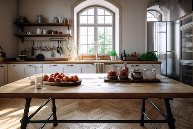 A kitchen with a table and a bowl of fruit on it