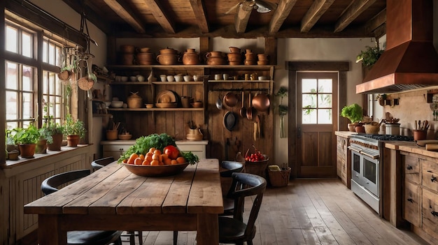 a kitchen with a table and a bowl of vegetables on it