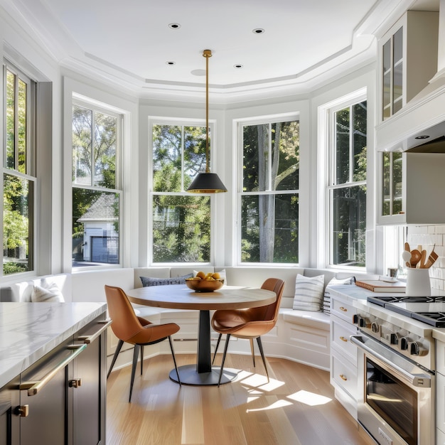 A kitchen with a table and chairs a bowl of fruit and a bowl of apples