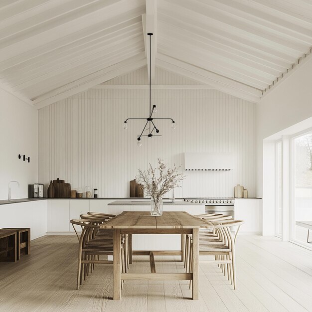 Photo a kitchen with a table and chairs and a chandelier hanging from the ceiling