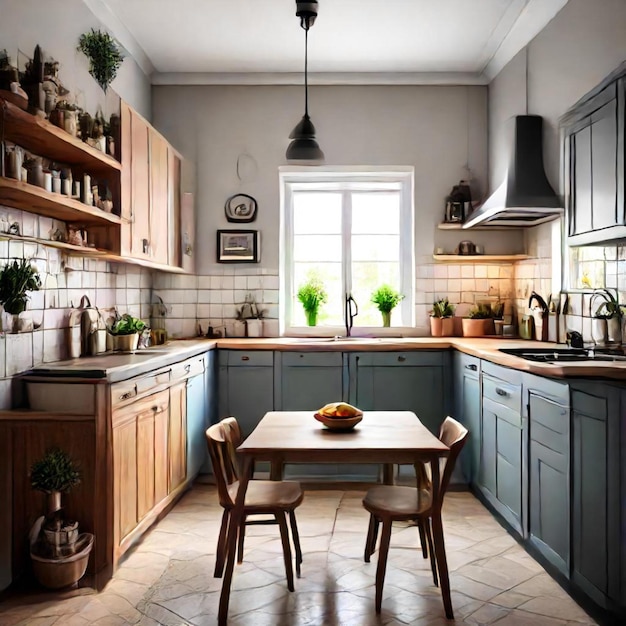 a kitchen with a table and chairs and a clock on the wall