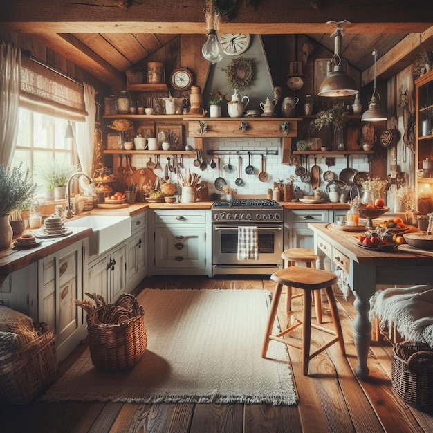 a kitchen with a table chairs a clock and a window