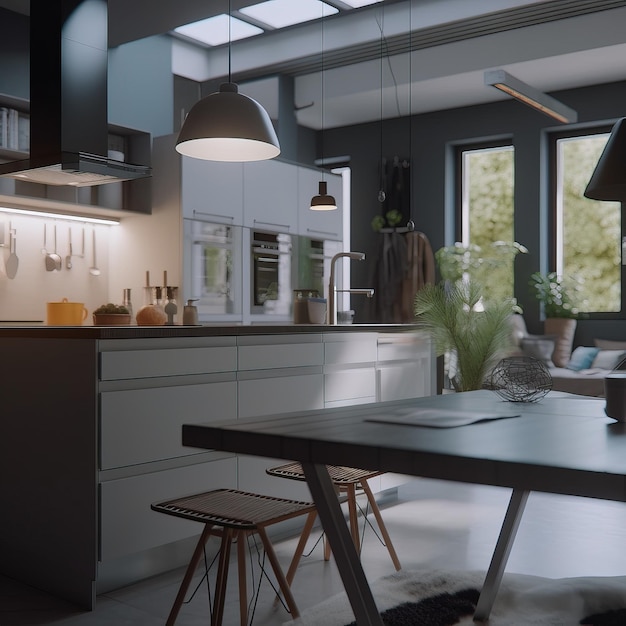 A kitchen with a table and chairs and a lamp on it