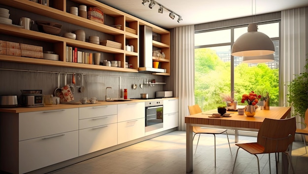 A kitchen with a table and chairs and a lamp