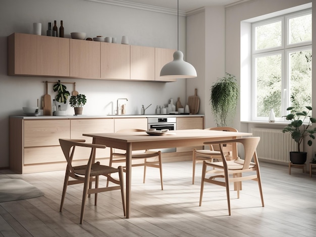 A kitchen with a table and chairs and a lamp