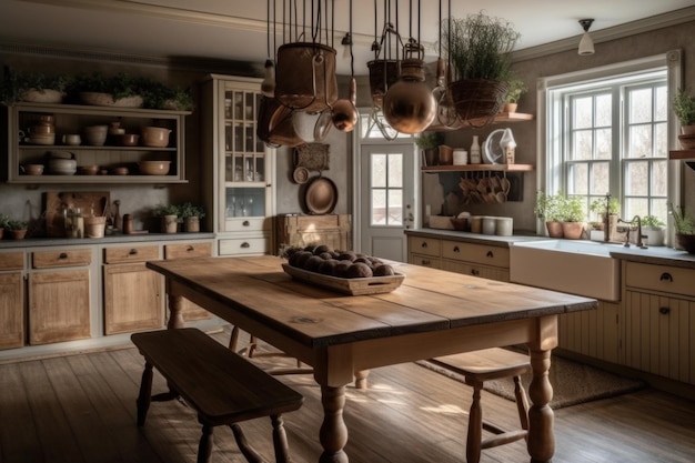 A kitchen with a table and chairs and a large window with a potted plants hanging above it.